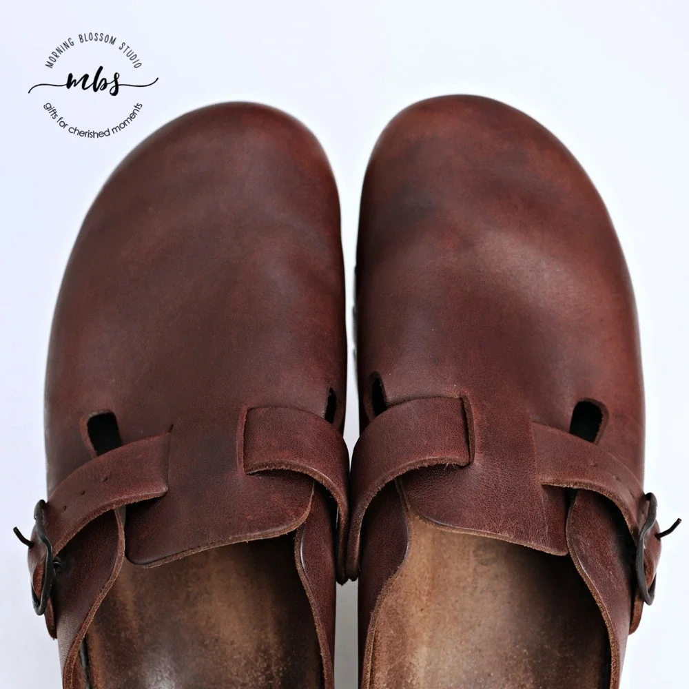 Mephisto Distressed Leather Adjustable Buckle Slide Clog Mules Brown Men 10.5